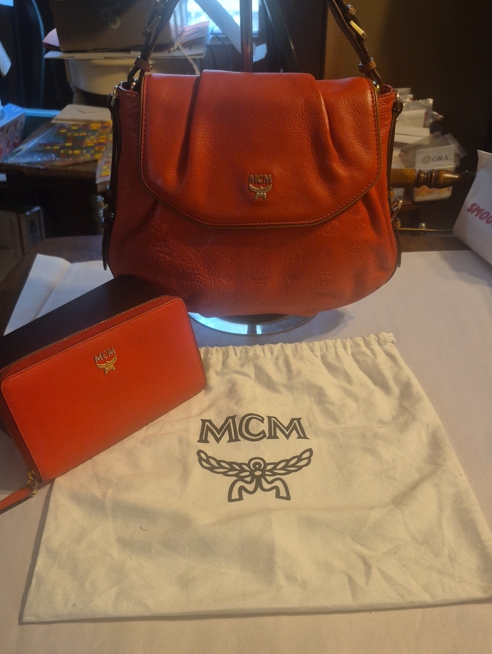 MCM Orange Leather Shoulder Bag with Matching Zip Wallet. Authentic EUC
